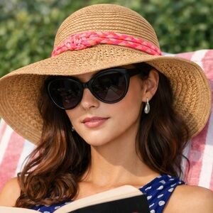J. Crew Tan Straw Sun Hat with Pink Braided Band